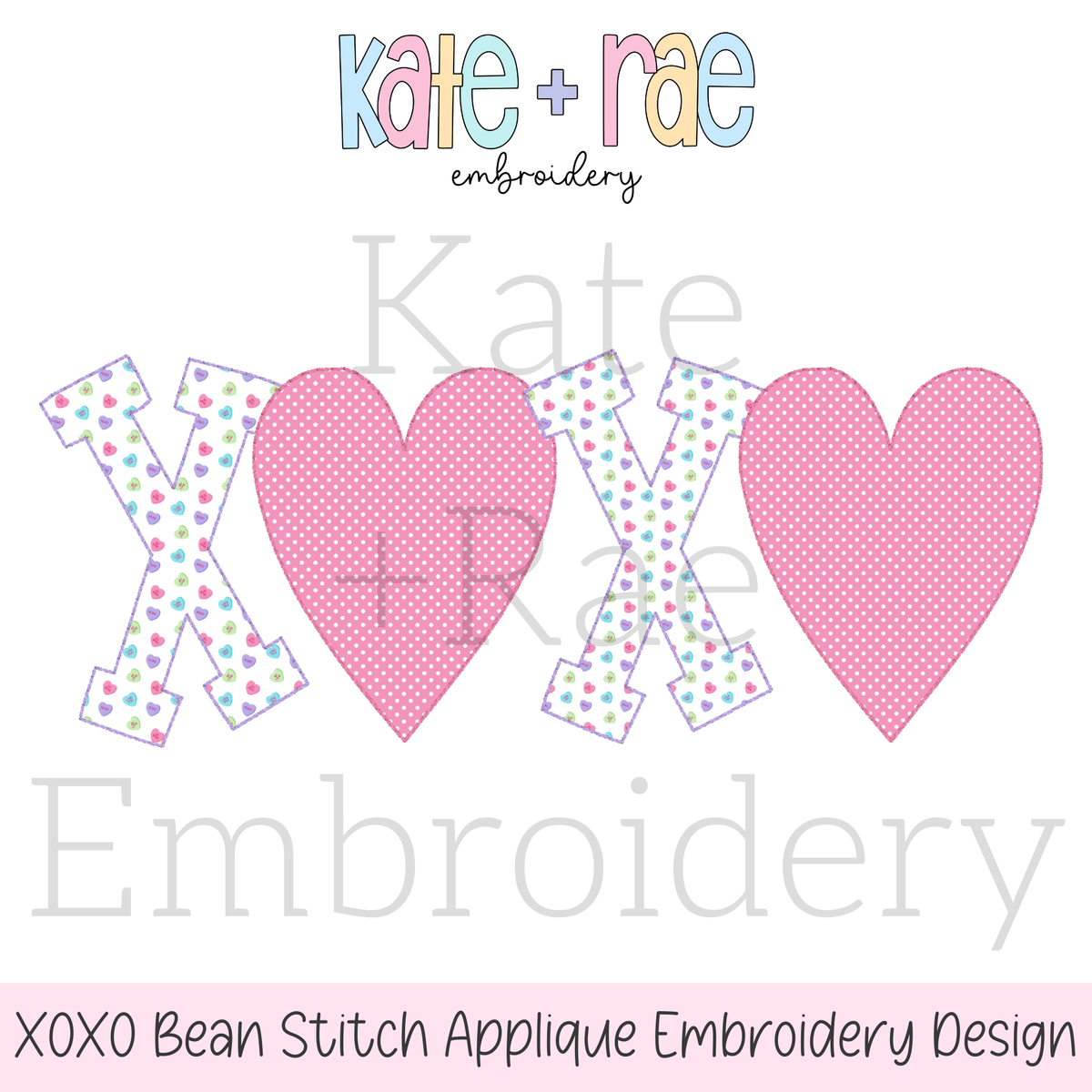 XOXO Bean Stitch Applique Embroidery Design: Design preview of the letters XOXO with pastel polka dot X letters and pink heart O letters