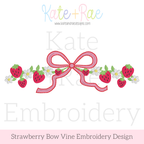 Strawberry Bow Vine Satin Stitch Embroidery Design: Design preview of a strawberry and daisy vine with a pink satin bow in the center