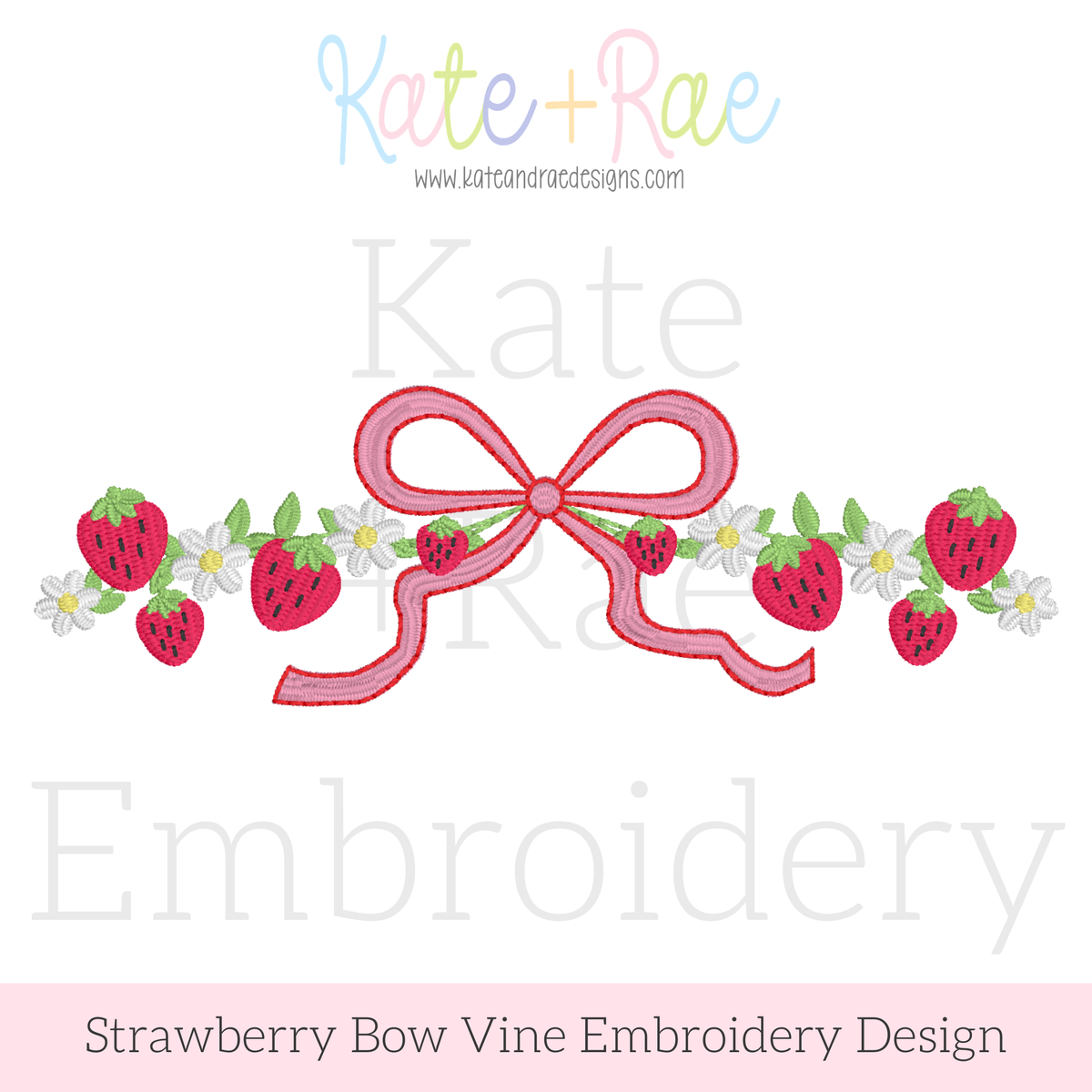 Strawberry Bow Vine Satin Stitch Embroidery Design: Design preview of a strawberry and daisy vine with a pink satin bow in the center