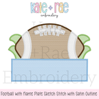 Football with Name Plate Sketch Stitch with Satin Outline Applique Embroidery Design: Design preview of a sketch stitch football with satin outline and a blue name plate