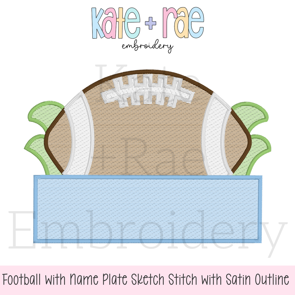 Football with Name Plate Sketch Stitch with Satin Outline Applique Embroidery Design: Design preview of a sketch stitch football with satin outline and a blue name plate