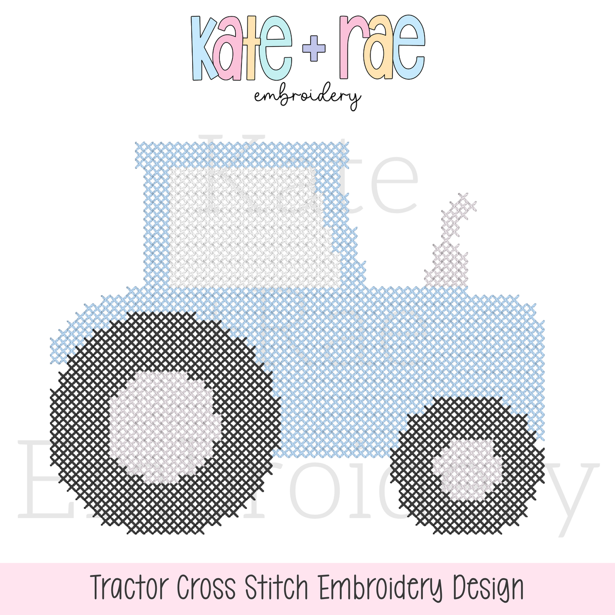 Tractor Cross Stitch Embroidery Design: Design preview of a light blue tractor in cross stitch