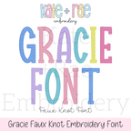 Gracie Faux French Knot Motif Fill Stitch Embroidery Font: Font preview reading Gracie Font in pastel faux French knot block letters