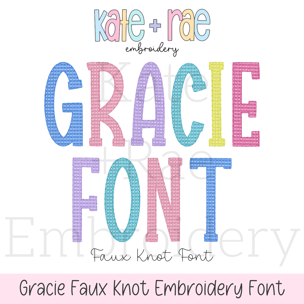 Gracie Faux French Knot Motif Fill Stitch Embroidery Font: Font preview reading Gracie Font in pastel faux French knot block letters