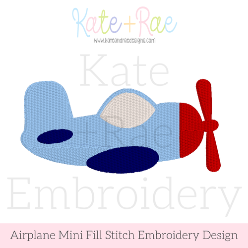 Airplane Mini Fill Stitch Embroidery Design: Design preview of a light blue mini fill airplane with a red propeller