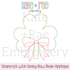 Shamrock with Bow Bean Stitch Applique Embroidery Design: Design preview of a green shamrock outline with a pink Kinley bow for bean stitch applique