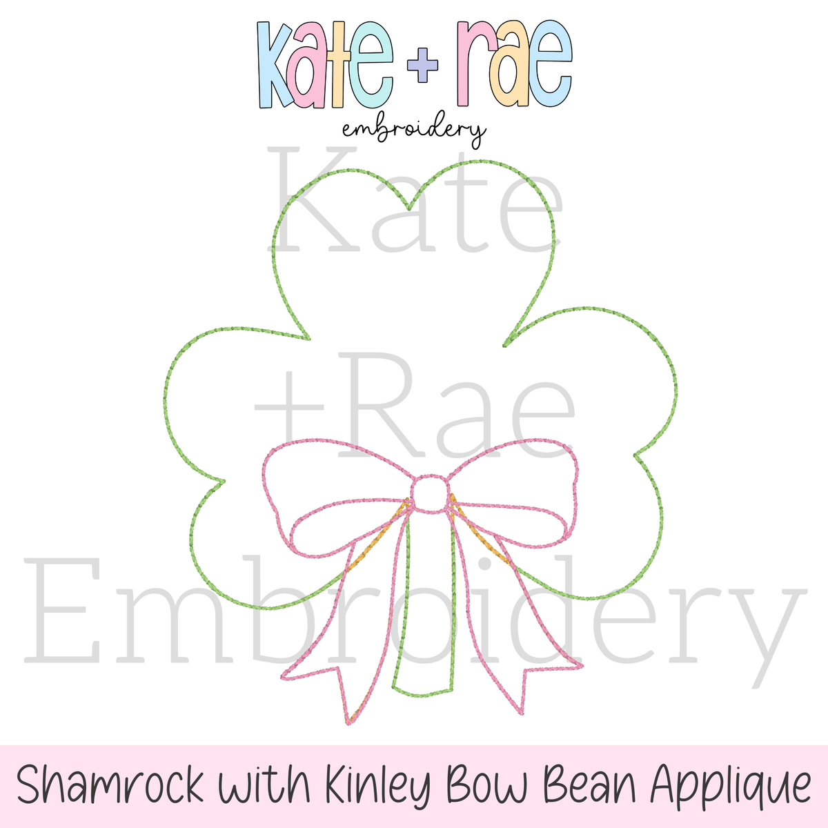 Shamrock with Bow Bean Stitch Applique Embroidery Design: Design preview of a green shamrock outline with a pink Kinley bow for bean stitch applique