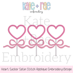 Heart Sucker Trio with Bows Satin Stitch Applique Embroidery Design: Design preview of three pink satin outline heart suckers tied with a pink bow