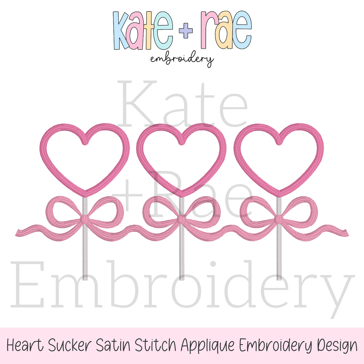 Heart Sucker Trio with Bows Satin Stitch Applique Embroidery Design: Design preview of three pink satin outline heart suckers tied with a pink bow