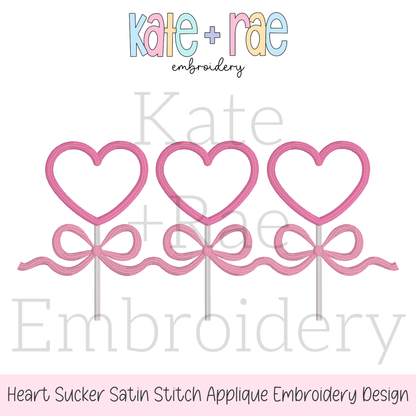 Heart Sucker Trio with Bows Satin Stitch Applique Embroidery Design