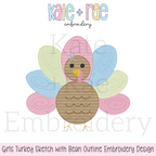 Girl's Thanksgiving Turkey Sketch Stitch with Bean Outline Machine Embroidery Design