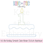 1st Birthday Smash Cake Applique Embroidery Design: Design preview of a bean stitch applique smash cake with a number 1 candle