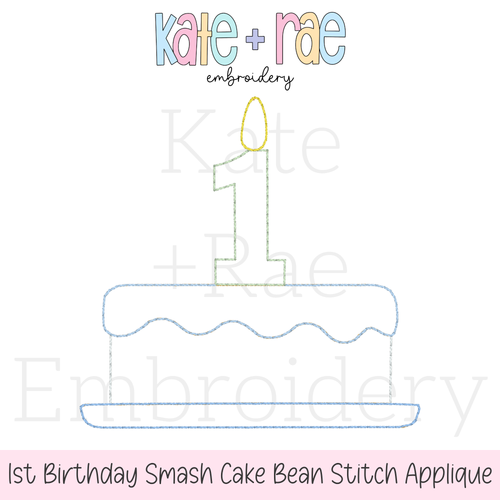 1st Birthday Smash Cake Applique Embroidery Design: Design preview of a bean stitch applique smash cake with a number 1 candle