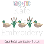 Mallard Ducks and Cattails Sketch Stitch Embroidery Design: Design preview of three sketch stitch mallard ducks with cattails between them