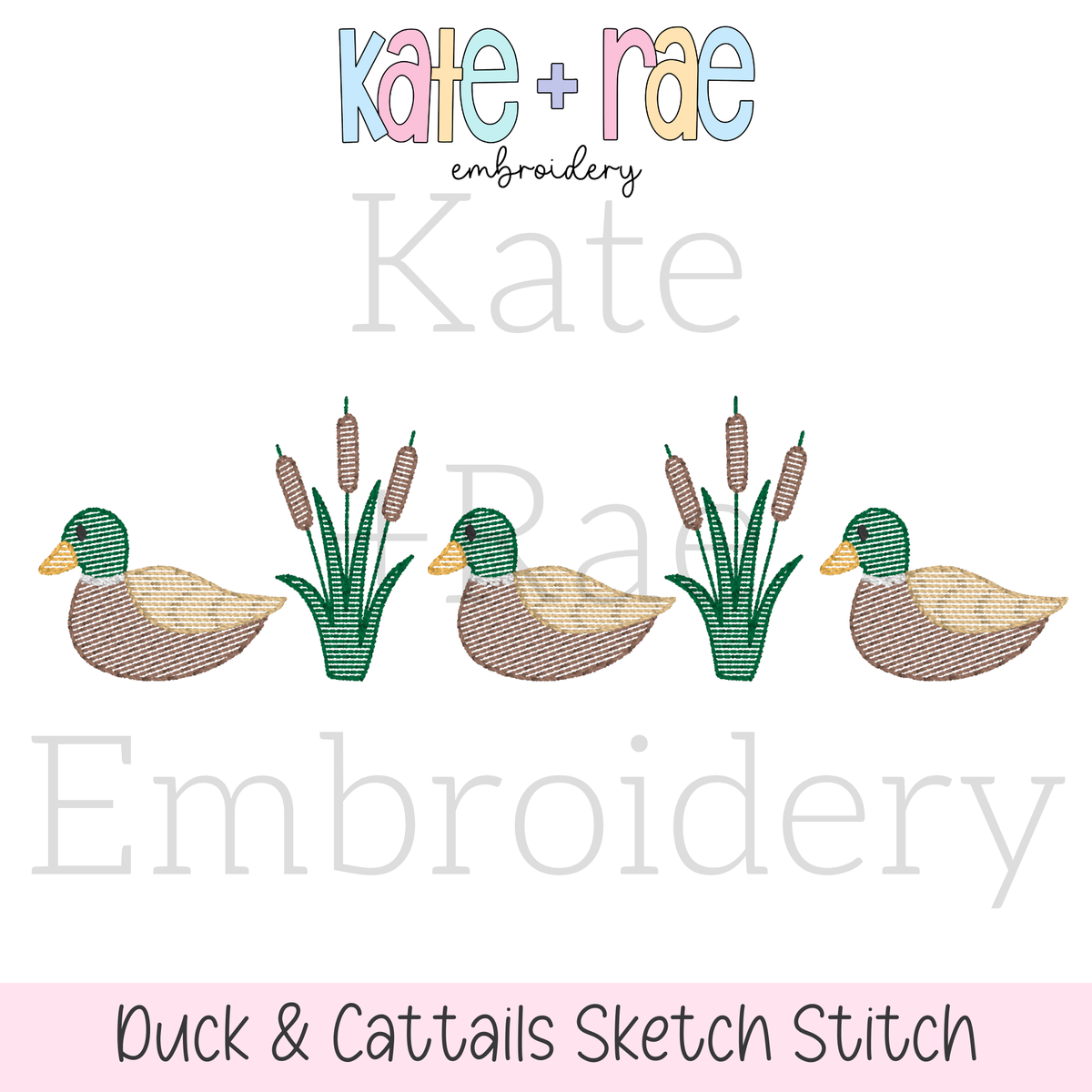 Mallard Ducks and Cattails Sketch Stitch Embroidery Design: Design preview of three sketch stitch mallard ducks with cattails between them