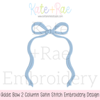 Addie Bow 2 Column Satin Stitch Applique Embroidery Design: Design preview of a light blue Addie bow with long tails framing a 2 column space