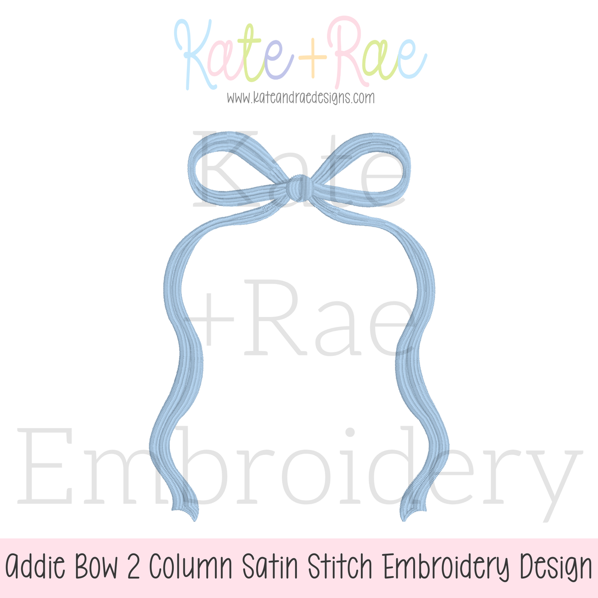 Addie Bow 2 Column Satin Stitch Applique Embroidery Design: Design preview of a light blue Addie bow with long tails framing a 2 column space