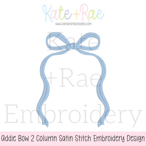Addie Bow 2 Column Satin Stitch Applique Embroidery Design: Design preview of a light blue Addie bow with long tails framing a 2 column space