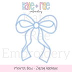 Merritt Bow Zigzag Stitch Applique Embroidery Design: Design preview of a light blue Merritt bow zigzag stitch outline with long tails