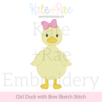 Girl Duck with Bow Sketch Stitch Embroidery Design: Design preview of a yellow sketch stitch girl duck with a pink bow