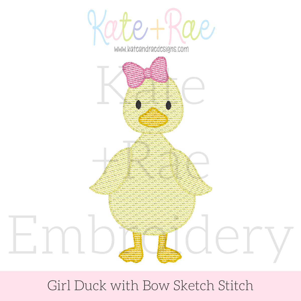 Girl Duck with Bow Sketch Stitch Embroidery Design: Design preview of a yellow sketch stitch girl duck with a pink bow