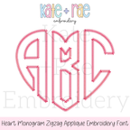 Heart Monogram Zigzag Stitch Applique Embroidery Design: Design preview of a pink heart shaped zigzag applique monogram reading ABC
