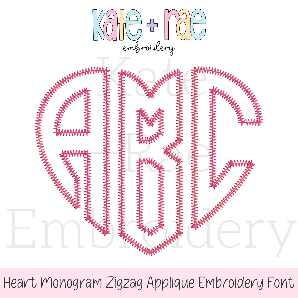 Heart Monogram Zigzag Stitch Applique Embroidery Design: Design preview of a pink heart shaped zigzag applique monogram reading ABC
