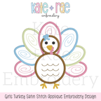 Girl's Thanksgiving Turkey Satin Applique Machine Embroidery Design: Design preview of a girl's satin stitch applique turkey outline with swirl feathers and a bow