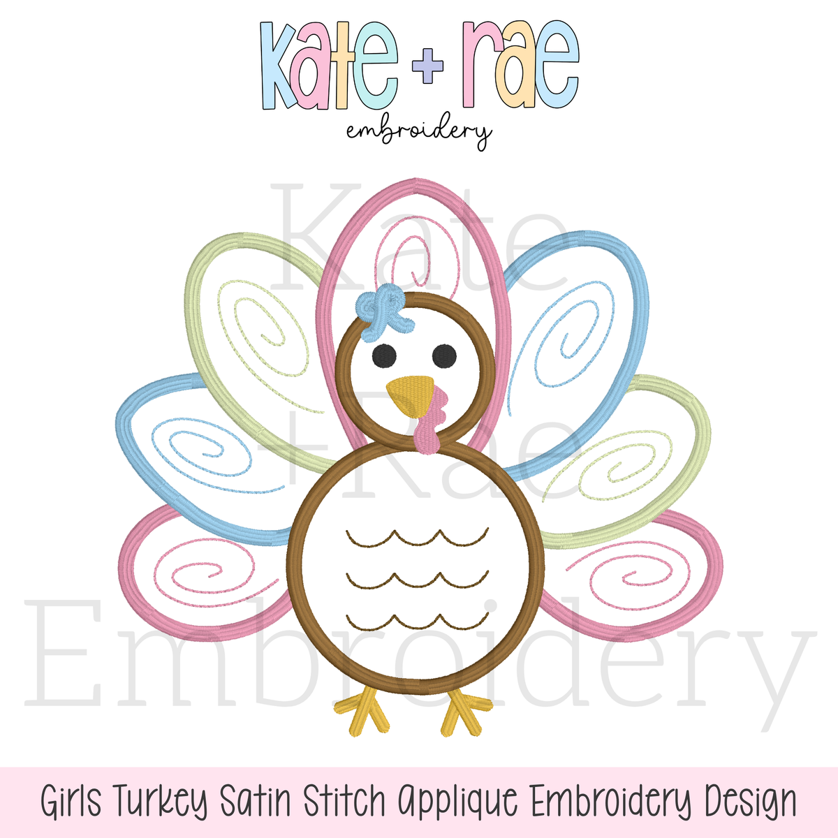 Girl's Thanksgiving Turkey Satin Applique Machine Embroidery Design: Design preview of a girl's satin stitch applique turkey outline with swirl feathers and a bow