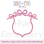 Triple Flowy Bow Crest Embroidery Design: Pink triple bow frame around a purple monogram on an aqua shirt