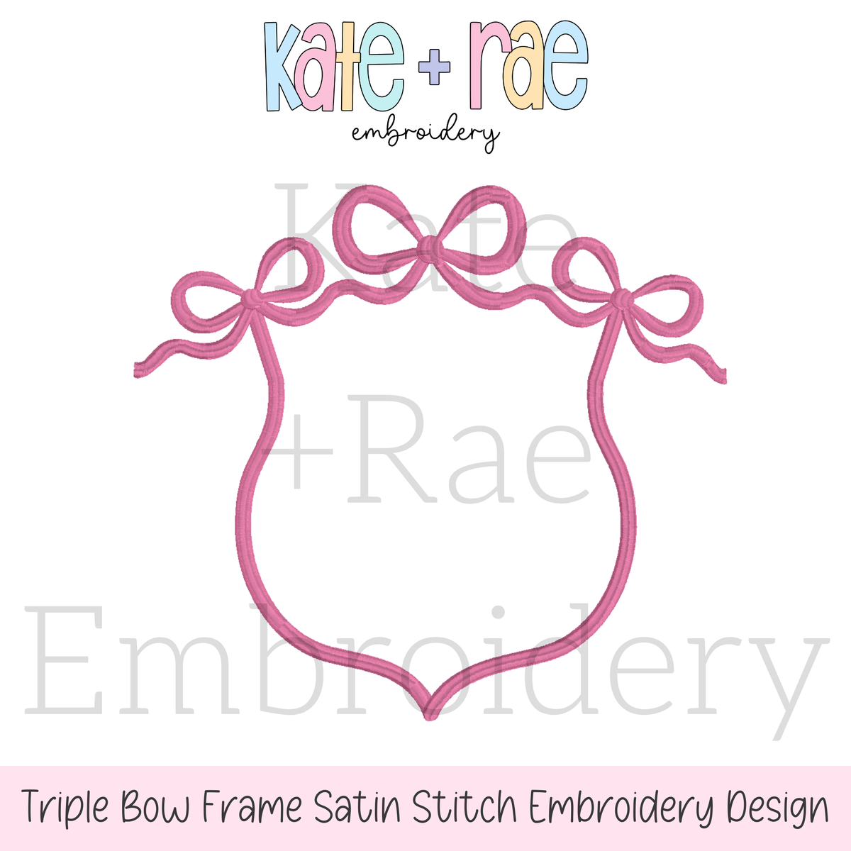 Triple Flowy Bow Crest Embroidery Design: Pink triple bow frame around a purple monogram on an aqua shirt