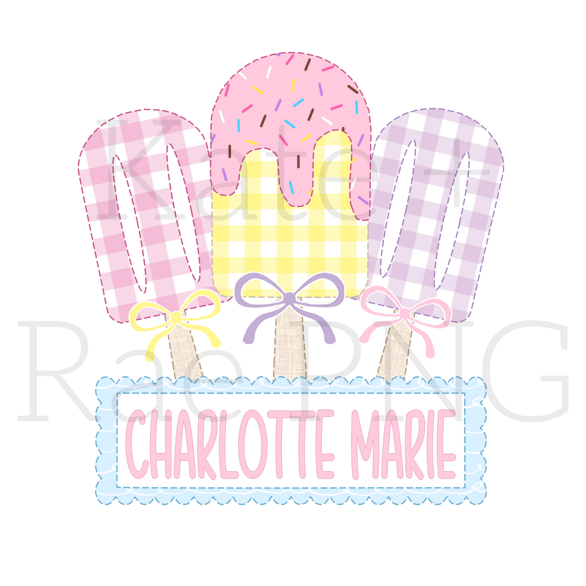 Custom Names for Popsicle - Brooke Hamlett: Three gingham popsicles with bows above the name Charlotte Marie in a scalloped name plate