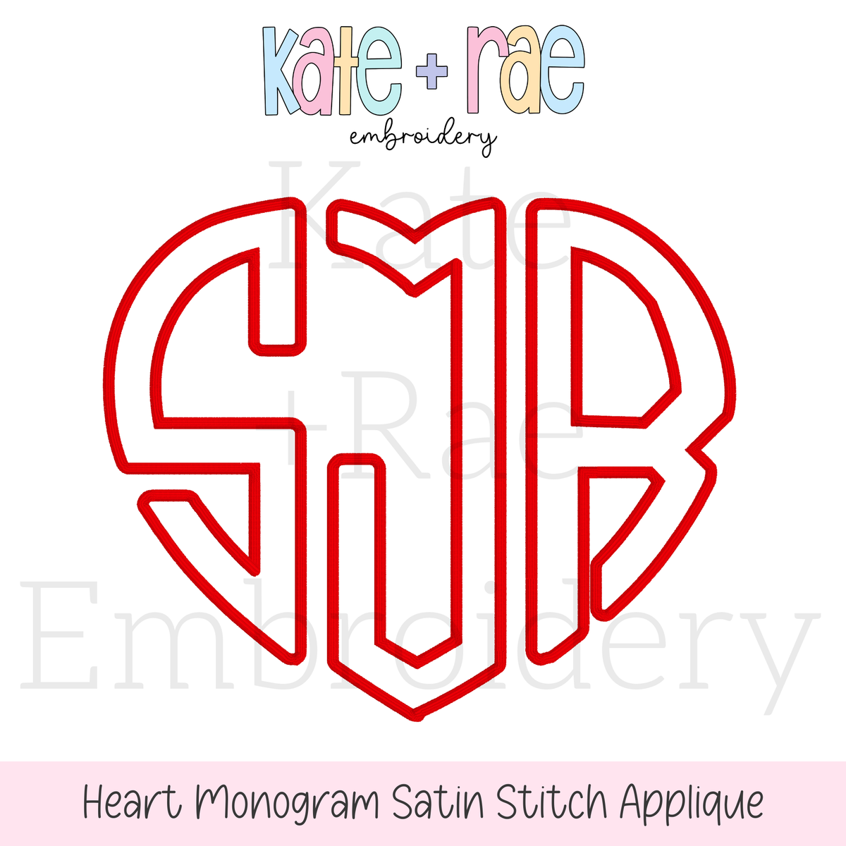 Heart Monogram Satin Stitch Applique Embroidery Design: Design preview of a red heart shaped satin applique monogram reading SJB