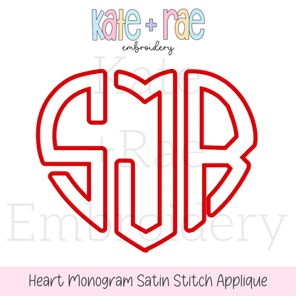 Heart Monogram Satin Stitch Applique Embroidery Design