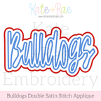 Bulldogs Script Double Satin Stitch Applique Embroidery Design: Design preview of Bulldogs in blue script with a red double satin applique outline