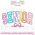 Curved Senior with Bow Satin Stitch Applique Embroidery Design: Design preview of SENIOR in multicolor curved collegiate satin applique letters with a pink bow