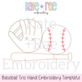 Baseball / Softball Trio Hand Embroidery PDF Pattern: Hand embroidery template preview of a baseball glove, baseball, and bat outline