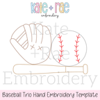 Baseball / Softball Trio Hand Embroidery PDF Pattern: Hand embroidery template preview of a baseball glove, baseball, and bat outline