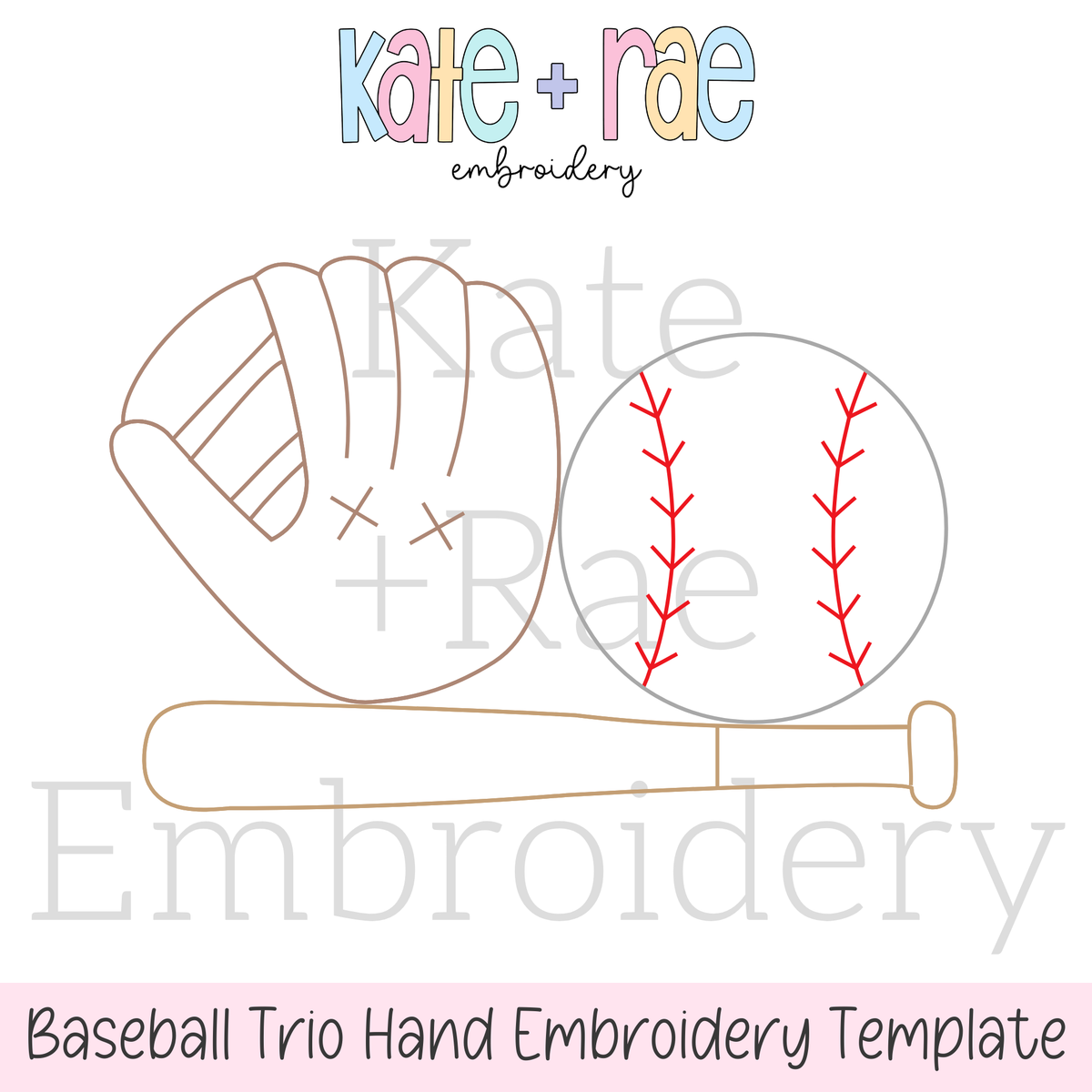 Baseball / Softball Trio Hand Embroidery PDF Pattern: Hand embroidery template preview of a baseball glove, baseball, and bat outline