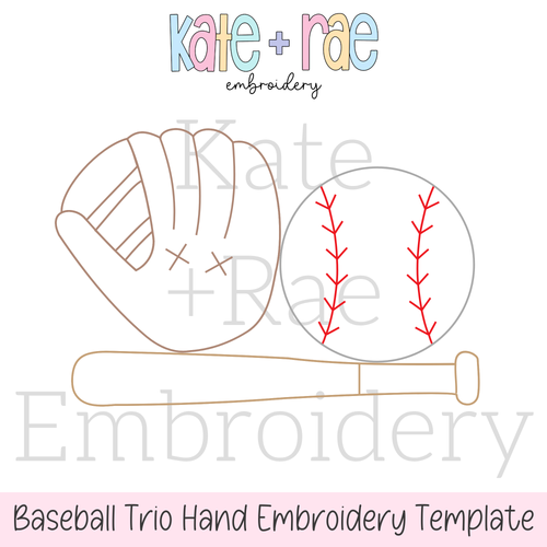 Baseball / Softball Trio Hand Embroidery PDF Pattern: Hand embroidery template preview of a baseball glove, baseball, and bat outline
