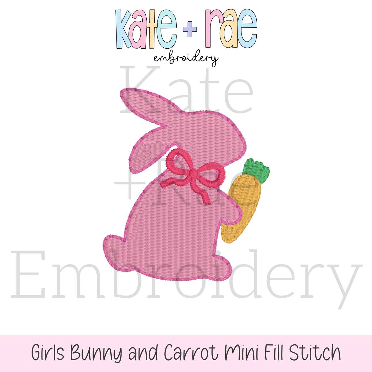 Girl's Easter Bunny with Carrot and Bow Mini Fill Stitch Embroidery Design: Design preview of a pink mini fill stitch bunny with a red bow holding a carrot