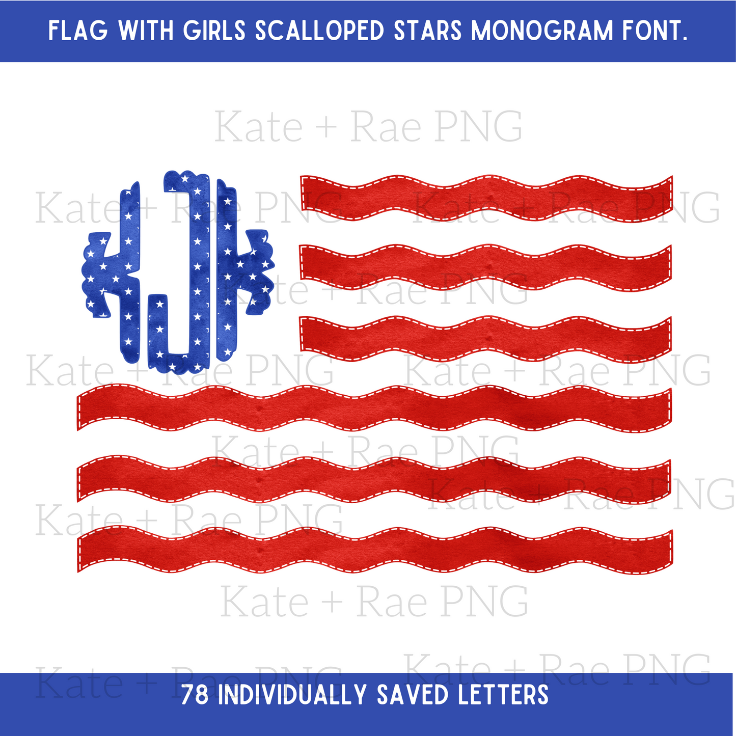 American flag faux applique with girls and boys monogram font.