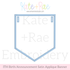 Birth/ Birthday Satin Stitch Applique Banner In The Hoop Embroidery Design: Design preview of a blue satin applique pennant banner