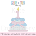 1st Birthday Smash Cake with Bow Sketch Stitch Embroidery Design: Design preview of a blue sketch stitch smash cake with a pink bow and pink number 1 candle