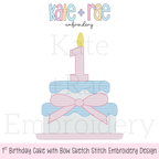 1st Birthday Smash Cake with Bow Sketch Stitch Embroidery Design: Design preview of a blue sketch stitch smash cake with a pink bow and pink number 1 candle