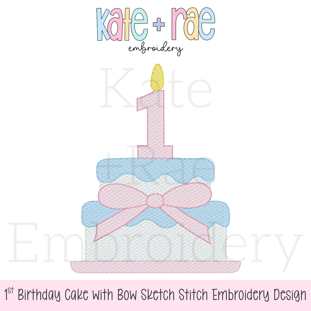 1st Birthday Smash Cake with Bow Sketch Stitch Embroidery Design: Design preview of a blue sketch stitch smash cake with a pink bow and pink number 1 candle