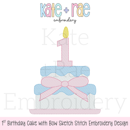 1st Birthday Smash Cake with Bow Sketch Stitch Embroidery Design