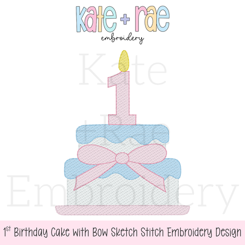 1st Birthday Smash Cake with Bow Sketch Stitch Embroidery Design: Design preview of a blue sketch stitch smash cake with a pink bow and pink number 1 candle