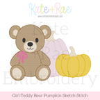 Girl's Teddy Bear with Fall Pumpkins Sketch Stitch Embroidery Design