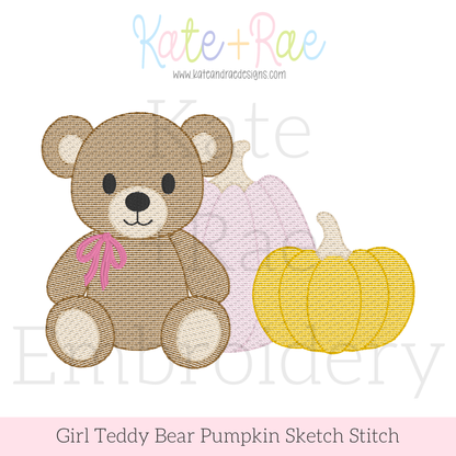 Girl's Teddy Bear with Fall Pumpkins Sketch Stitch Embroidery Design